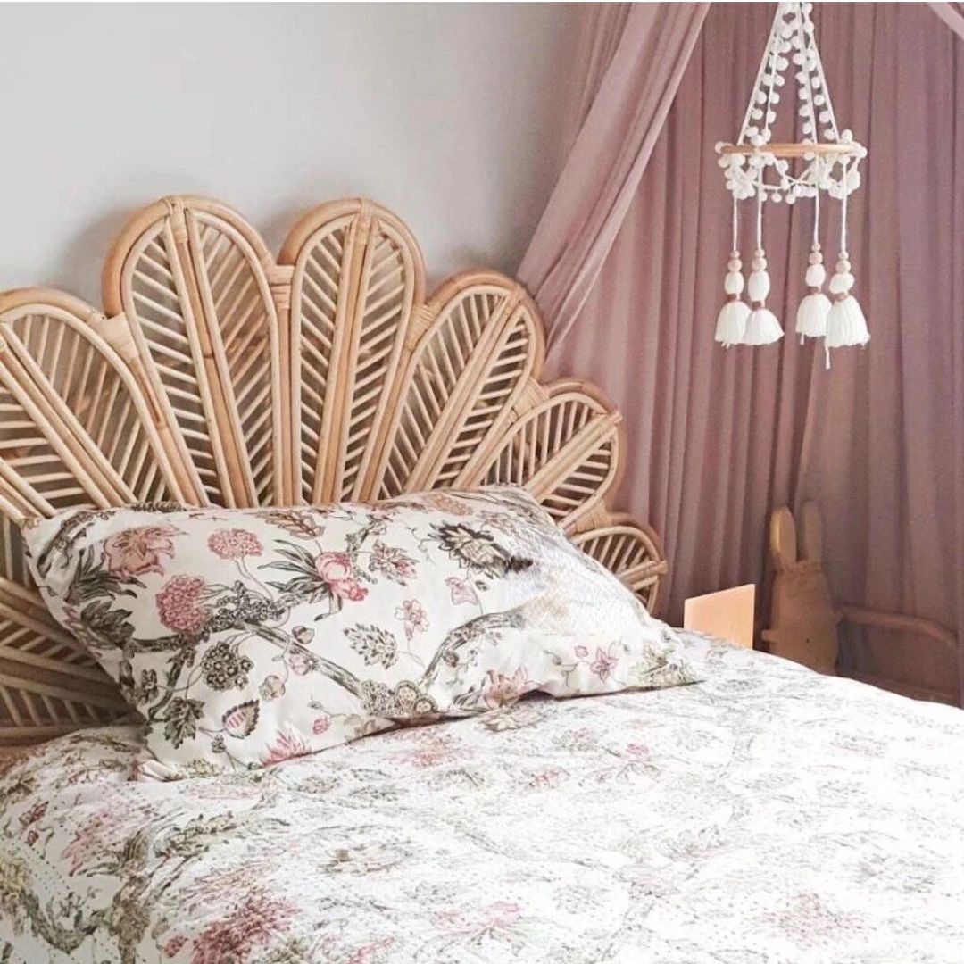 Fan shaped headboard with woven petals in natural beige bamboo