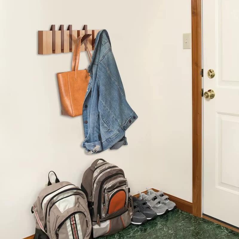 Wood wall coat rack with fold down hooks like piano keys