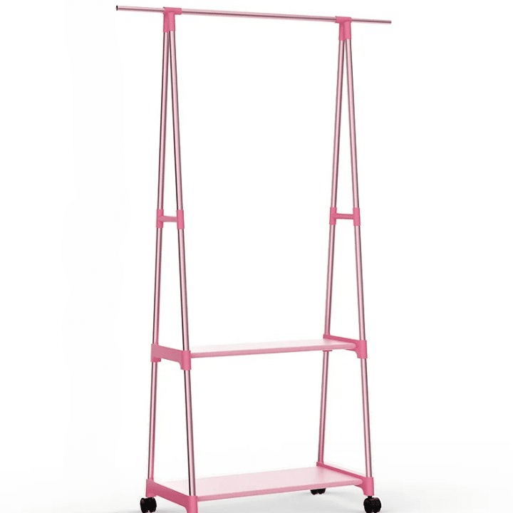 Pink wood look rolling clothes rack with a hanging rail and lower shelf on casters