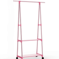 Pink wood look rolling clothes rack with a hanging rail and lower shelf on casters