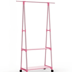 Pink wood look rolling clothes rack with a hanging rail and lower shelf on casters