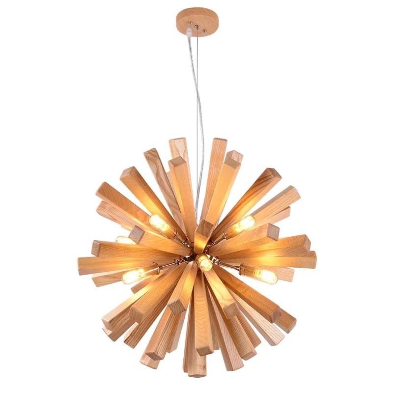 Round chandelier with oak slats assembled in a radiating pattern