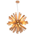 Round chandelier with oak slats assembled in a radiating pattern