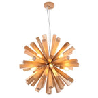 Round chandelier with oak slats assembled in a radiating pattern