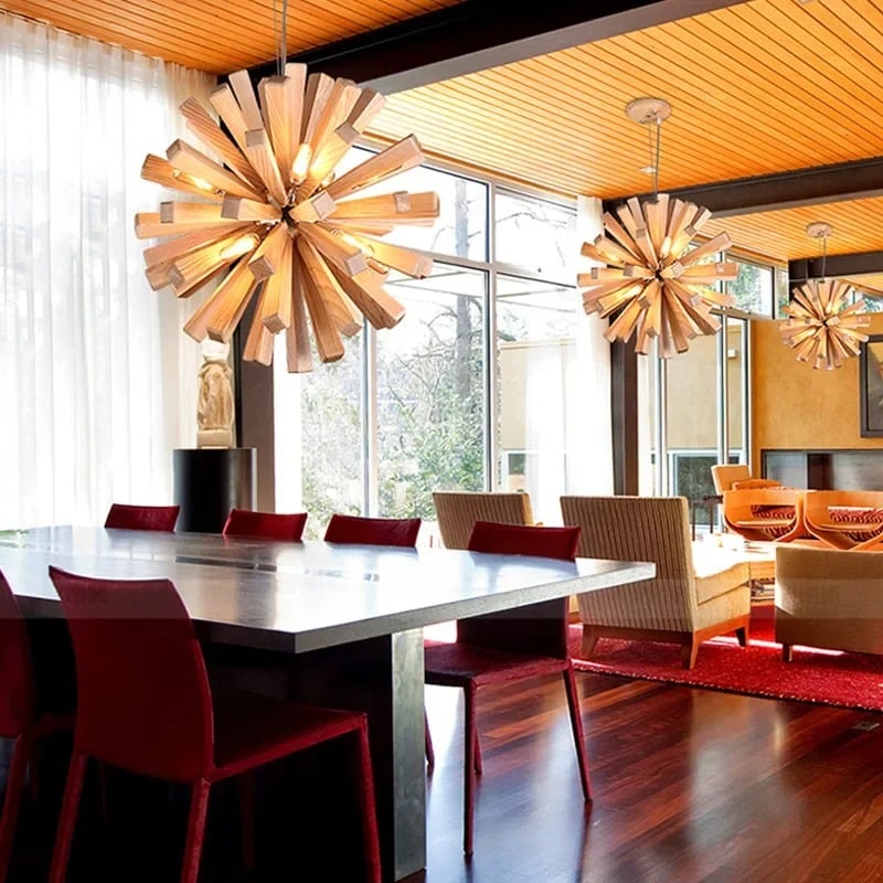 Round chandelier with oak slats assembled in a radiating pattern