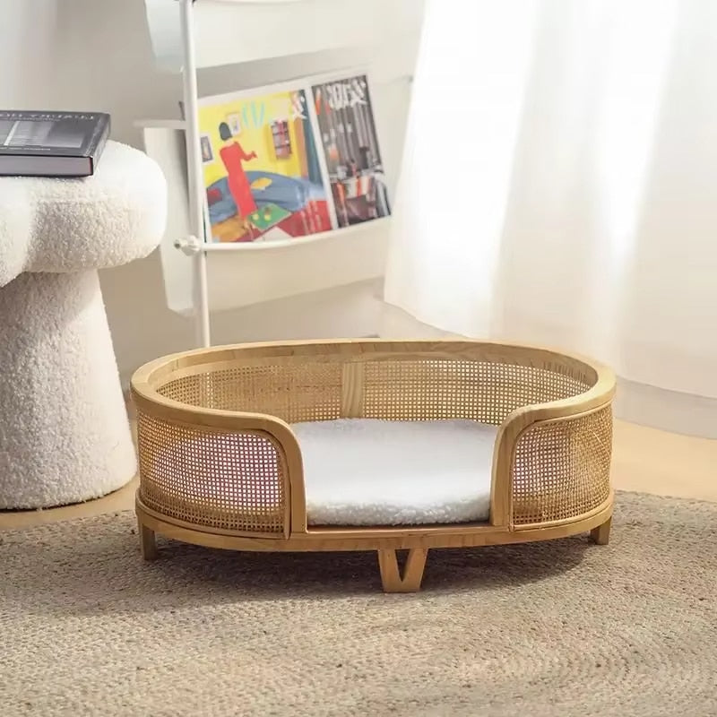 Raised wicker dog bed with tapered legs and cushion