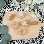 Round furniture knob in woven rattan with a beech wood base
