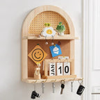 Arched wood and cane wall organizer with shelf and key hooks