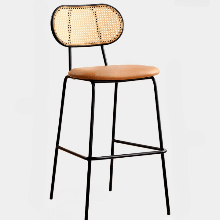 Hand woven rattan bar stool with a back and an embossed leather seat