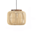 Handwoven rattan barrel lantern pendant with wood top ring