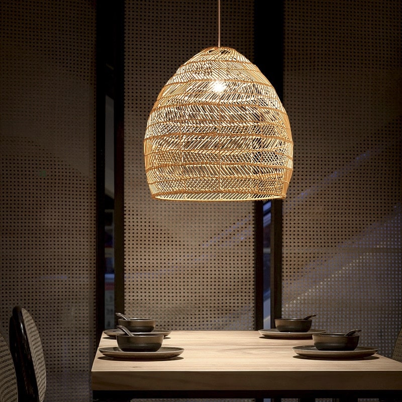 Beehive shaped woven rattan pendant light
