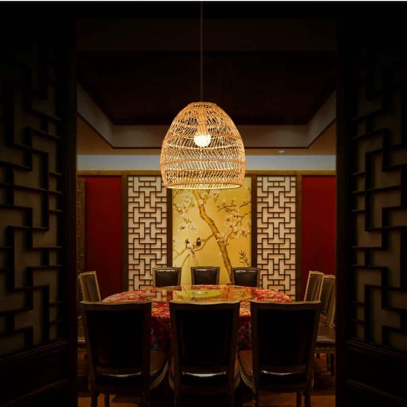 Beehive shaped woven rattan pendant light
