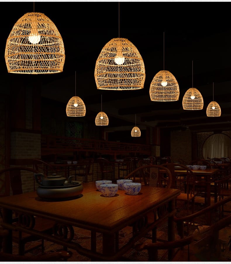 Beehive shaped woven rattan pendant light