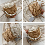 Small round rattan bucket bag with pearl handle