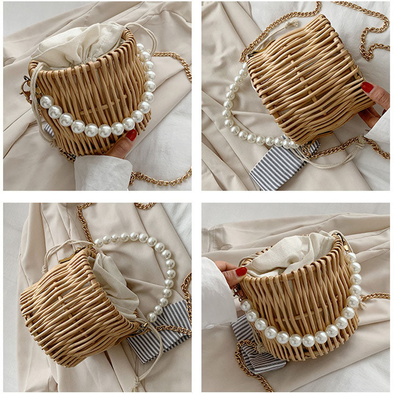 Small round rattan bucket bag with pearl handle