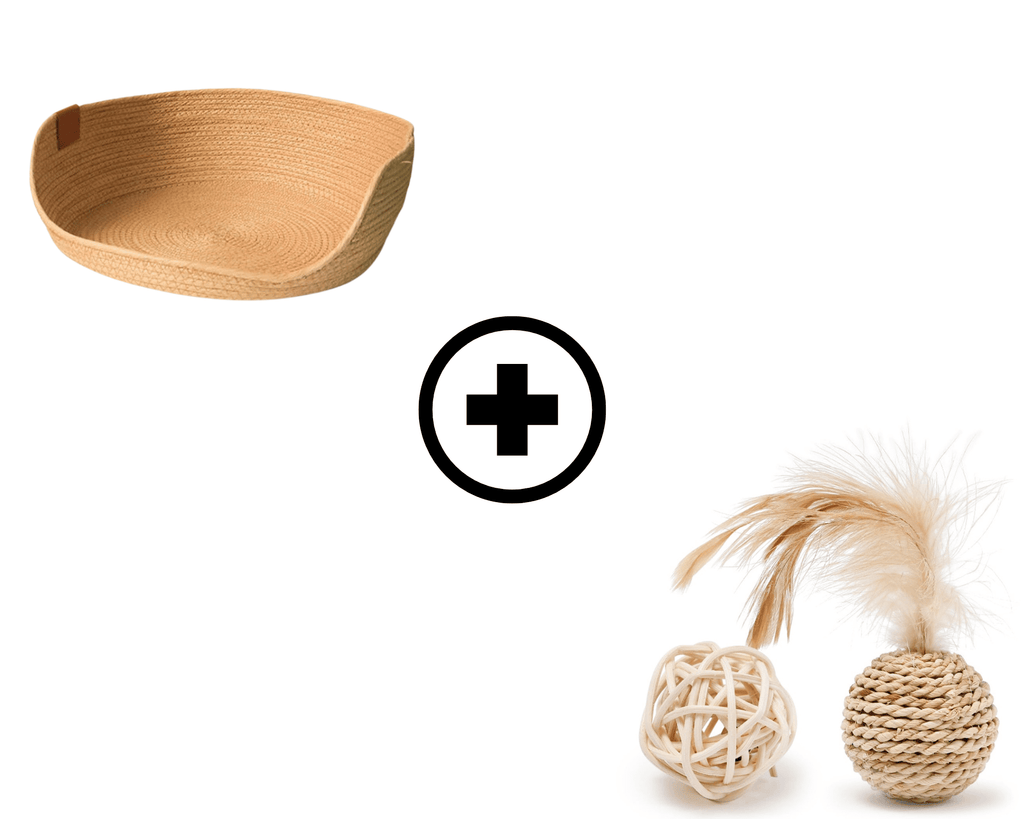 Round rattan cat bed with two woven rattan toy balls