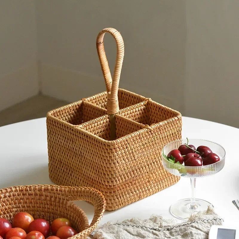 Square rattan caddy with four compartments and a tall handle
