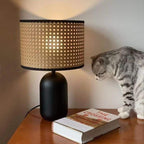 Desk lamp with a hand woven rattan shade on a matte black metal base