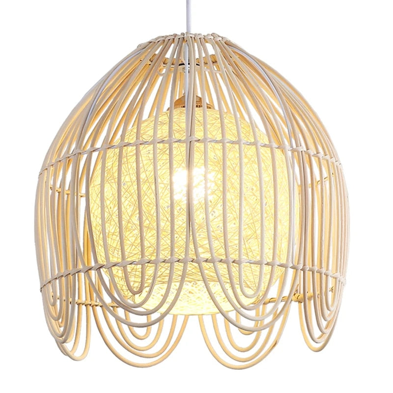 Rattan dome pendant with looped fringe and white inner shade
