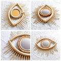 Eye shaped rattan mirrors with sunburst rays