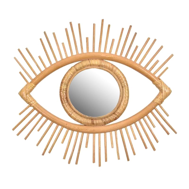 Eye shaped rattan mirrors with sunburst rays