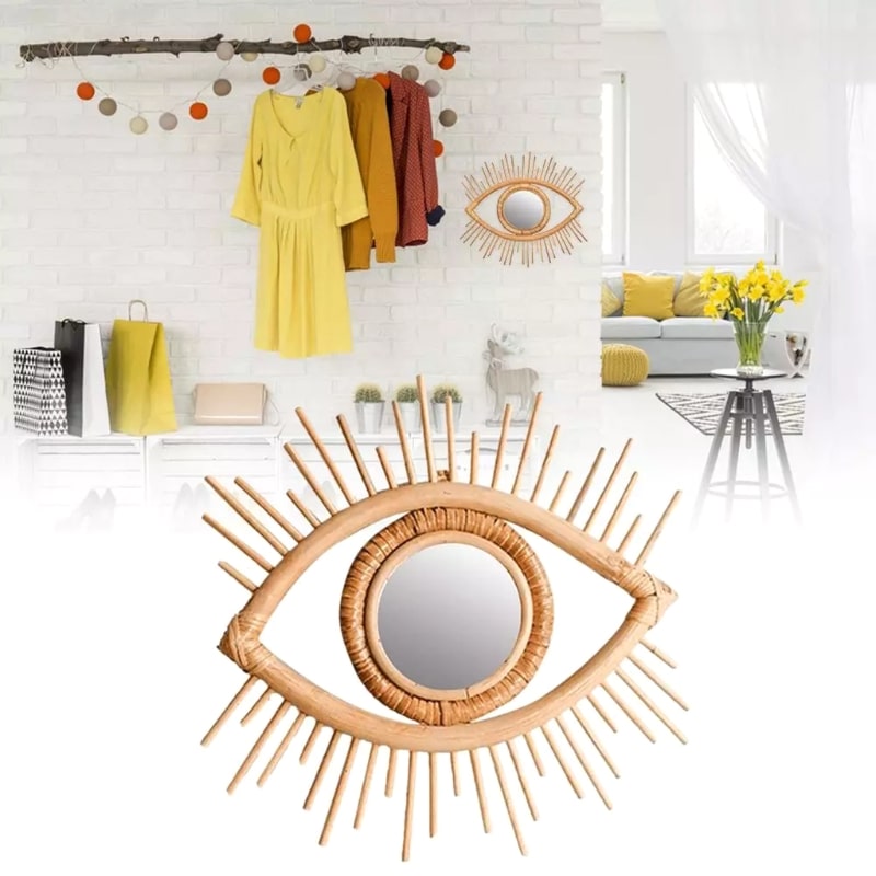 Eye shaped rattan mirrors with sunburst rays