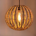 Round rattan globe cage pendant light with black metal frame