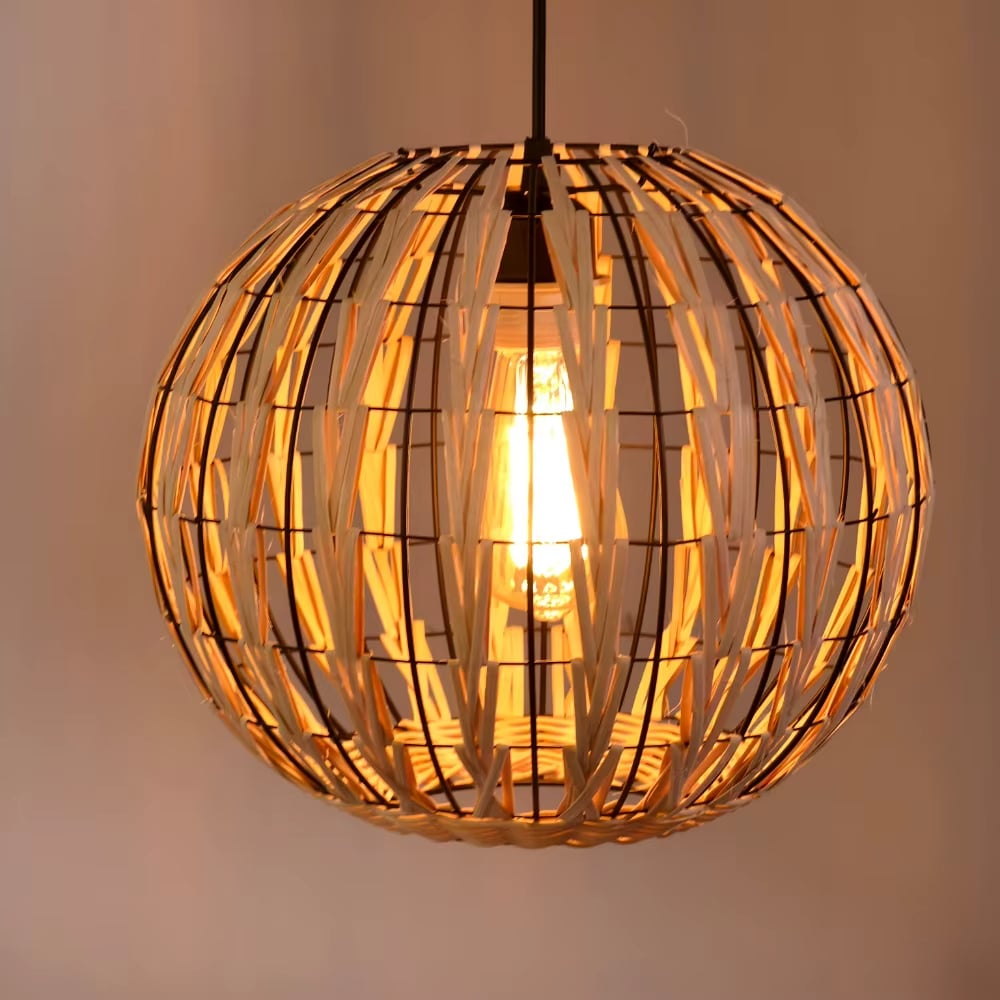 Round rattan globe cage pendant light with black metal frame