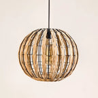 Round rattan globe cage pendant light with black metal frame