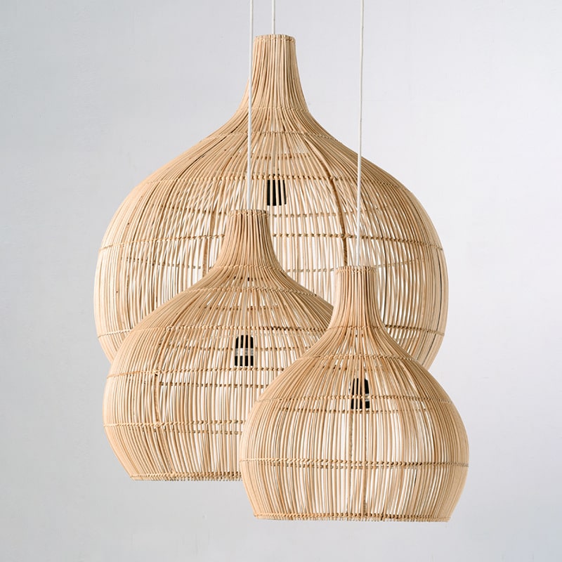 Cluster of gourd shaped woven rattan pendant lights