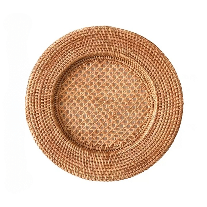 Round carved wood charger plate with a ribbed woven rattan look