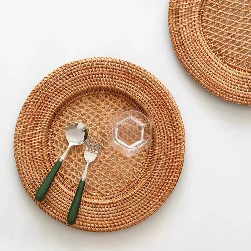 Round carved wood charger plate with a ribbed woven rattan look