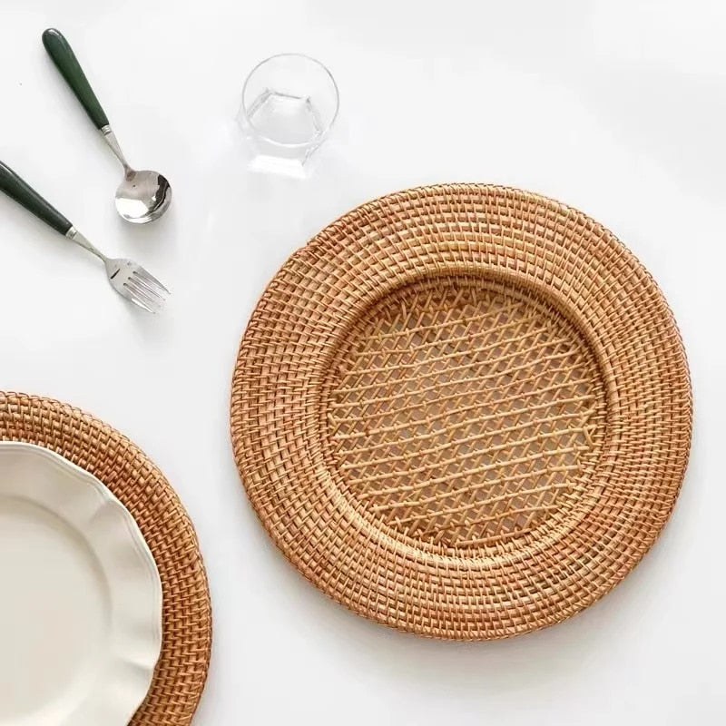 Round carved wood charger plate with a ribbed woven rattan look