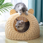Beige cat bed in molded plastic with a woven rattan look