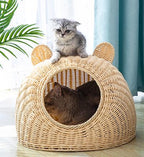 Beige cat bed in molded plastic with a woven rattan look