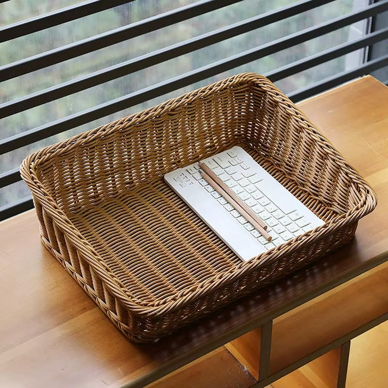 Rectangular rattan look plastic storage basket
