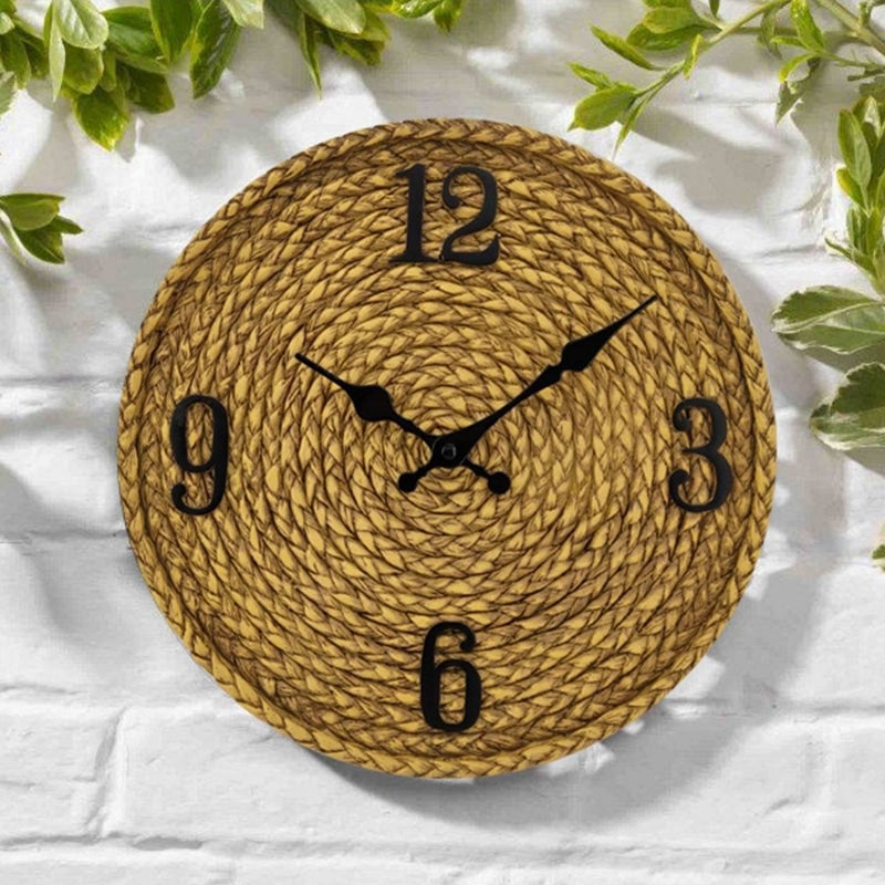 Round woven look resin wall clock with large black numbers