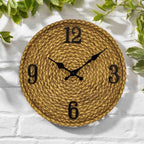 Round woven look resin wall clock with large black numbers