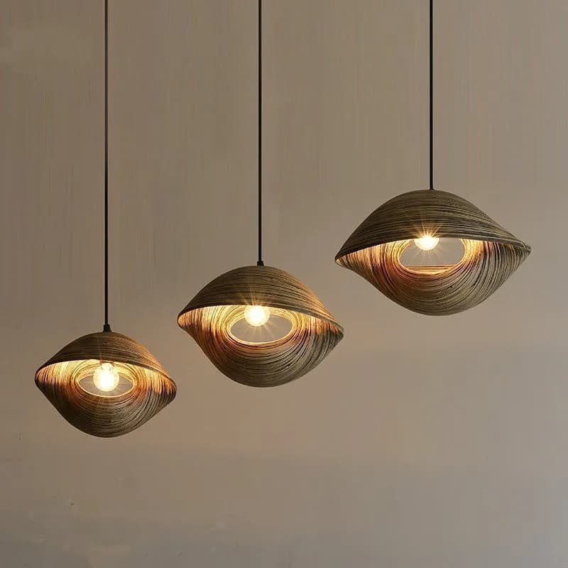 Brown shell shaped chandelier in rattan look metal