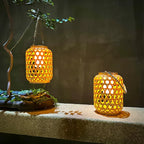 Beige rattan look solar lantern wrapped with hemp rope