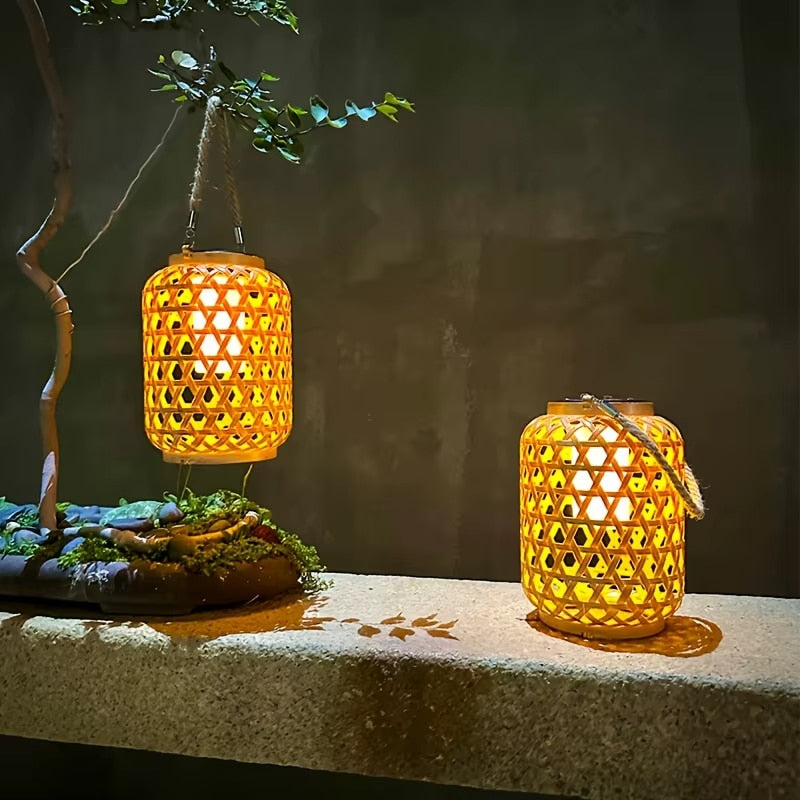 Beige rattan look solar lantern wrapped with hemp rope
