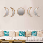 Row of rattan framed mirrors shaped as moon phases