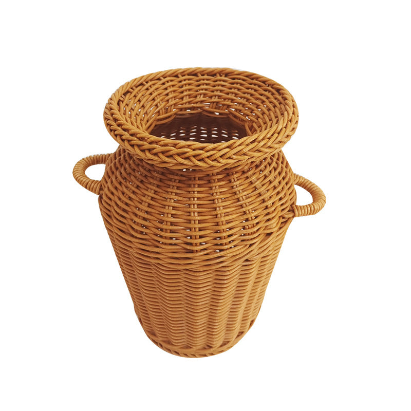 Handwoven rattan urn vase with two side handles