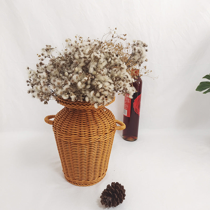 Handwoven rattan urn vase with two side handles