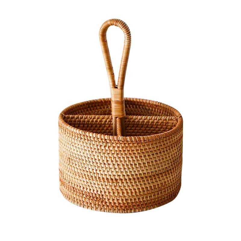 Round and square rattan utensil holders with wooden spoons