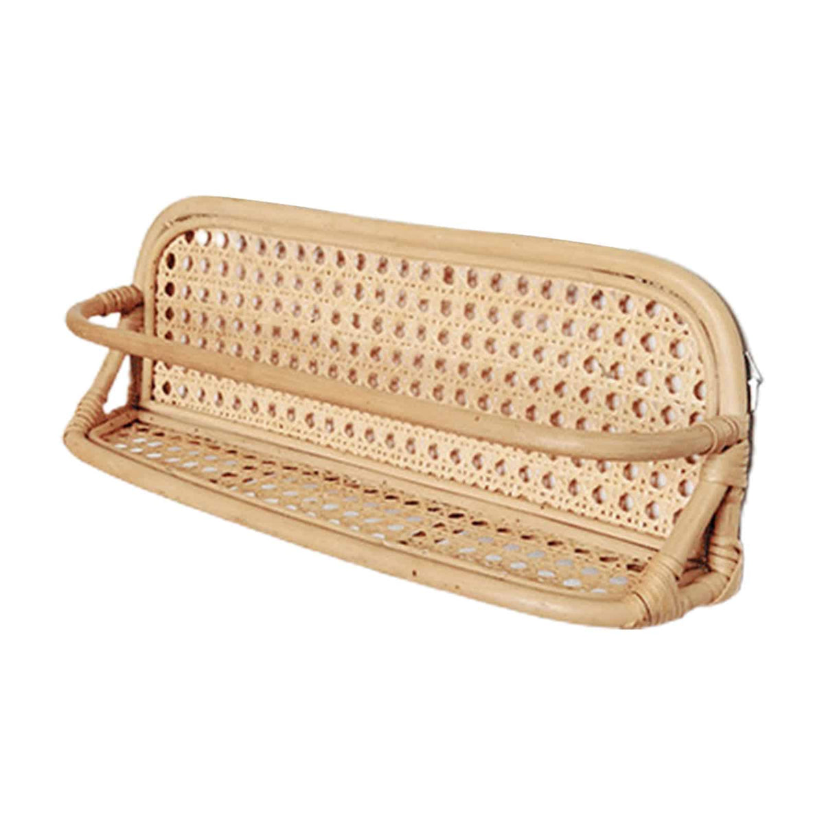 Hand woven rattan wall rack with metal coat hooks in a warm beige