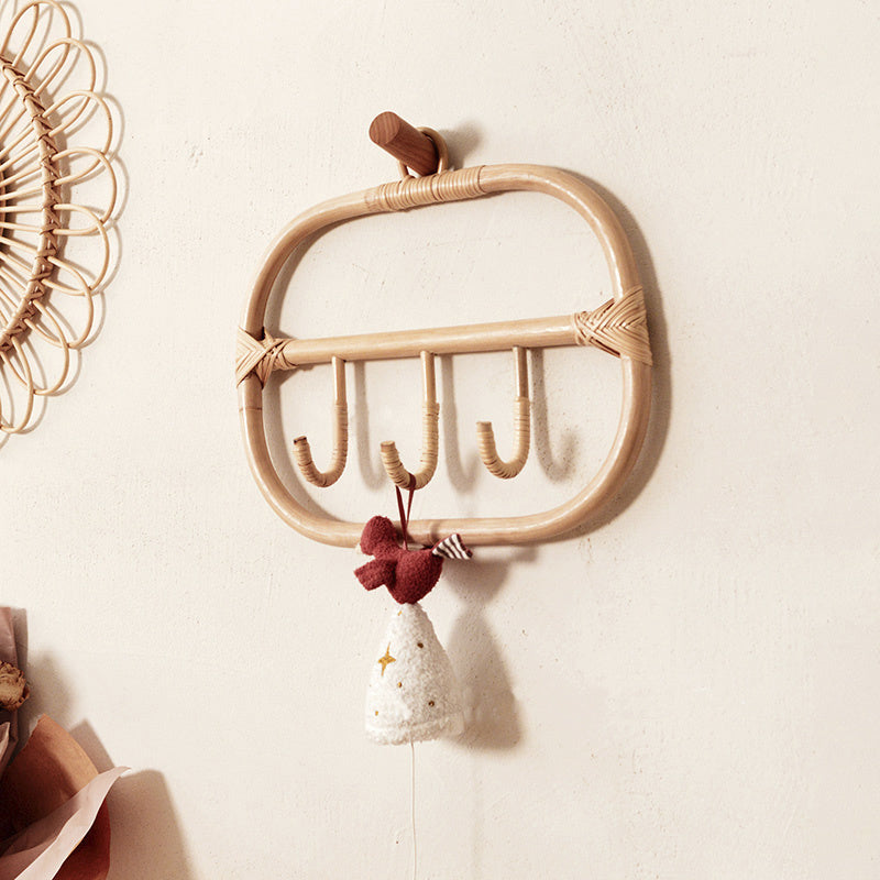 Rounded rectangle rattan wall coat rack with three hand woven hooks