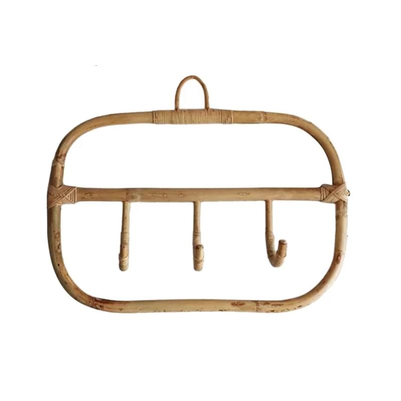 Rounded rectangle rattan wall coat rack with three hand woven hooks