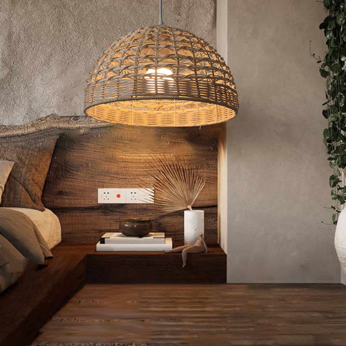 Handwoven rattan and wicker dome lamp shade hung over a table