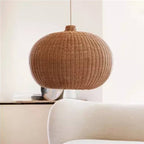 Round woven rattan and wicker pumpkin ball pendant